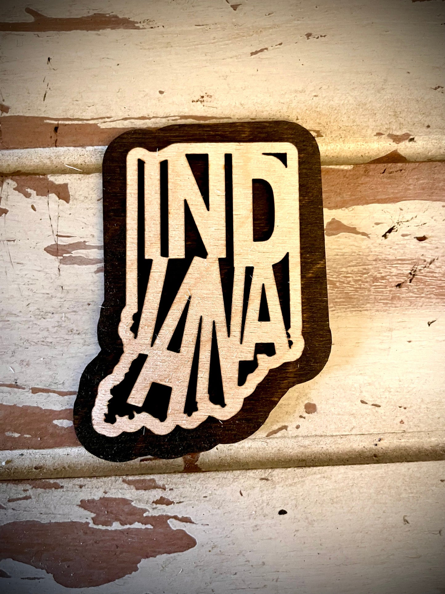 Indiana Word Art 2-Layer Wood Refrigerator Magnet | 12 Finishes | State Pride Gift