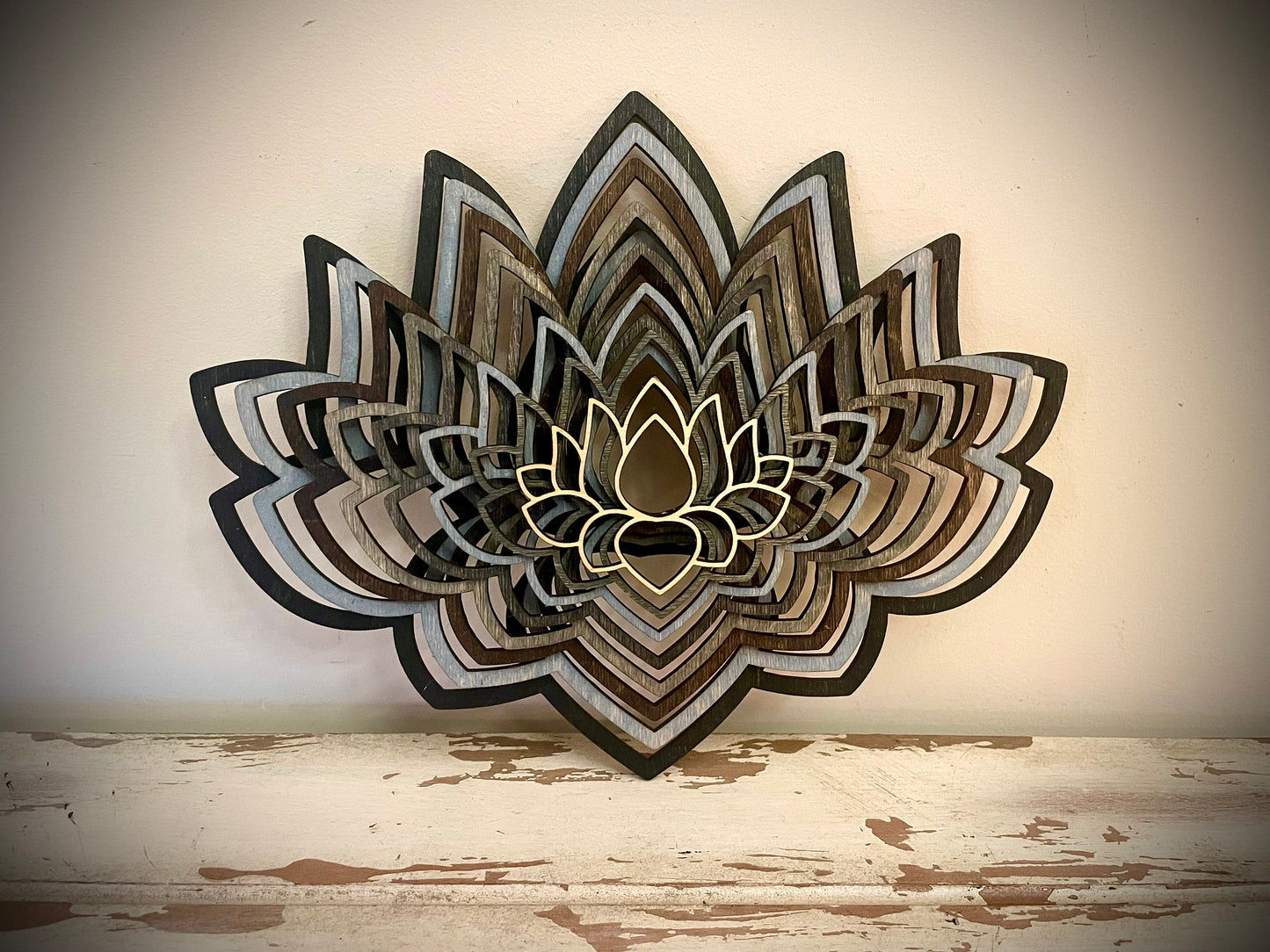 Boho Lotus Flower Mandala Stacked 3D Wood Table & Wall Art | 8 Layers | Brown or Gray Tones
