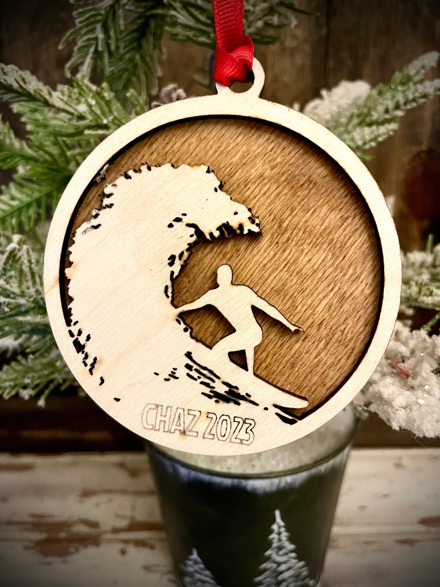 Surfer on Surfboard Personalized 2-Layer Wood Christmas Ornament & Gift Tag | Multiple Finishes | Surfing Gift
