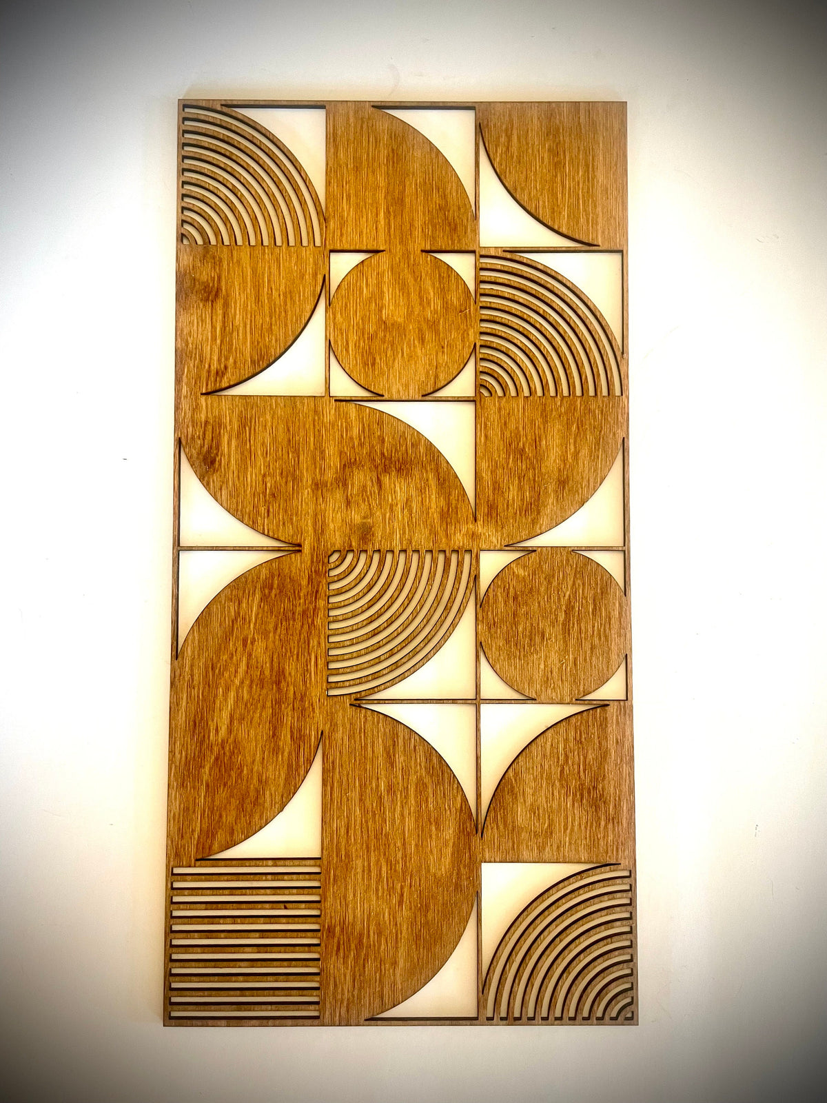 Right panel of the Boho Modern Bauhaus Style wood wall art Set A, geometric circles and arcs, Golden Oak
