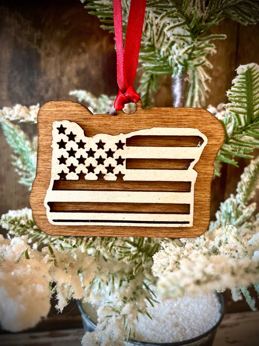 Oregon US Flag Wood Ornament & Gift Tag | 12 Finishes | Patriotic Gift