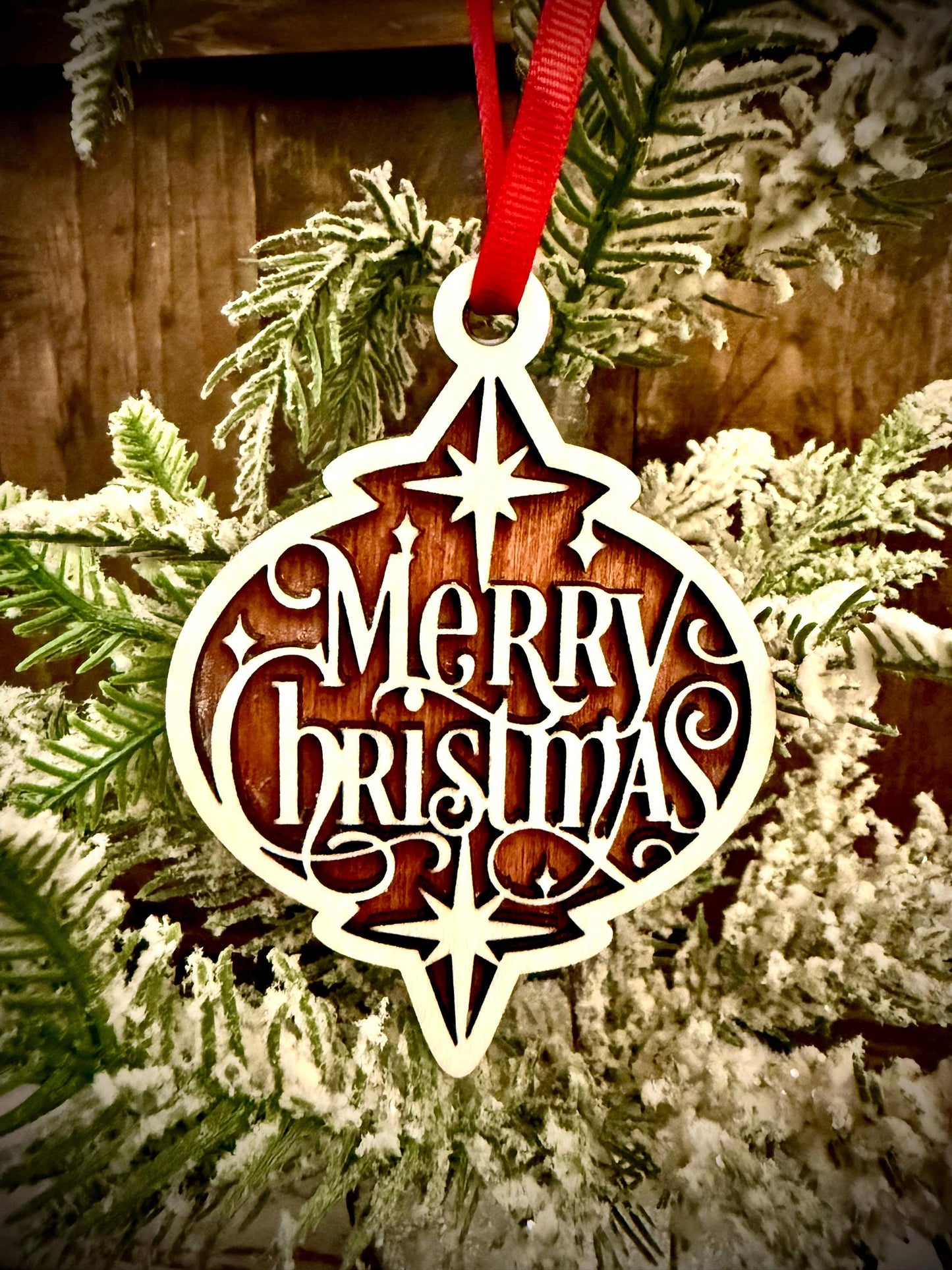 Script Merry Christmas 2-Layer Finial Shaped Wood Christmas Ornament & Gift Tag | Multiple Finishes