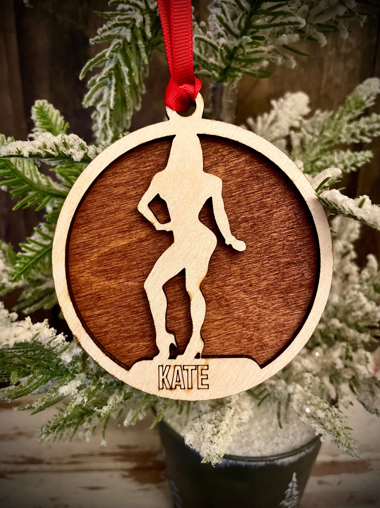 Female Bodybuilder Personalized 2-Layer Wood Christmas Ornament & Gift Tag | Multiple Finishes | Fitness Gift