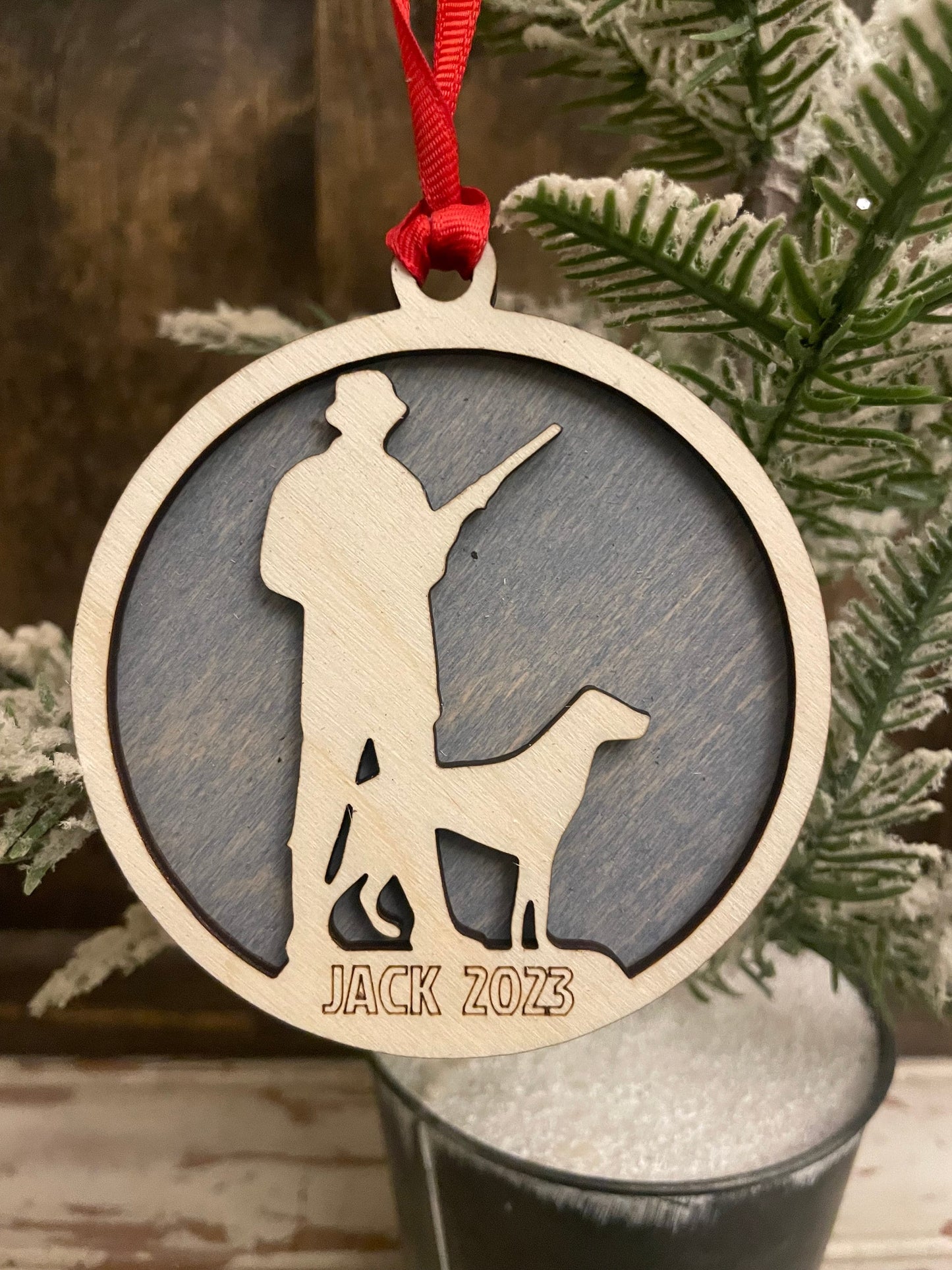 Hunter with Dog Personalized 2-Layer Wood Christmas Ornament & Gift Tag | Multiple Finishes | Hunting Gift