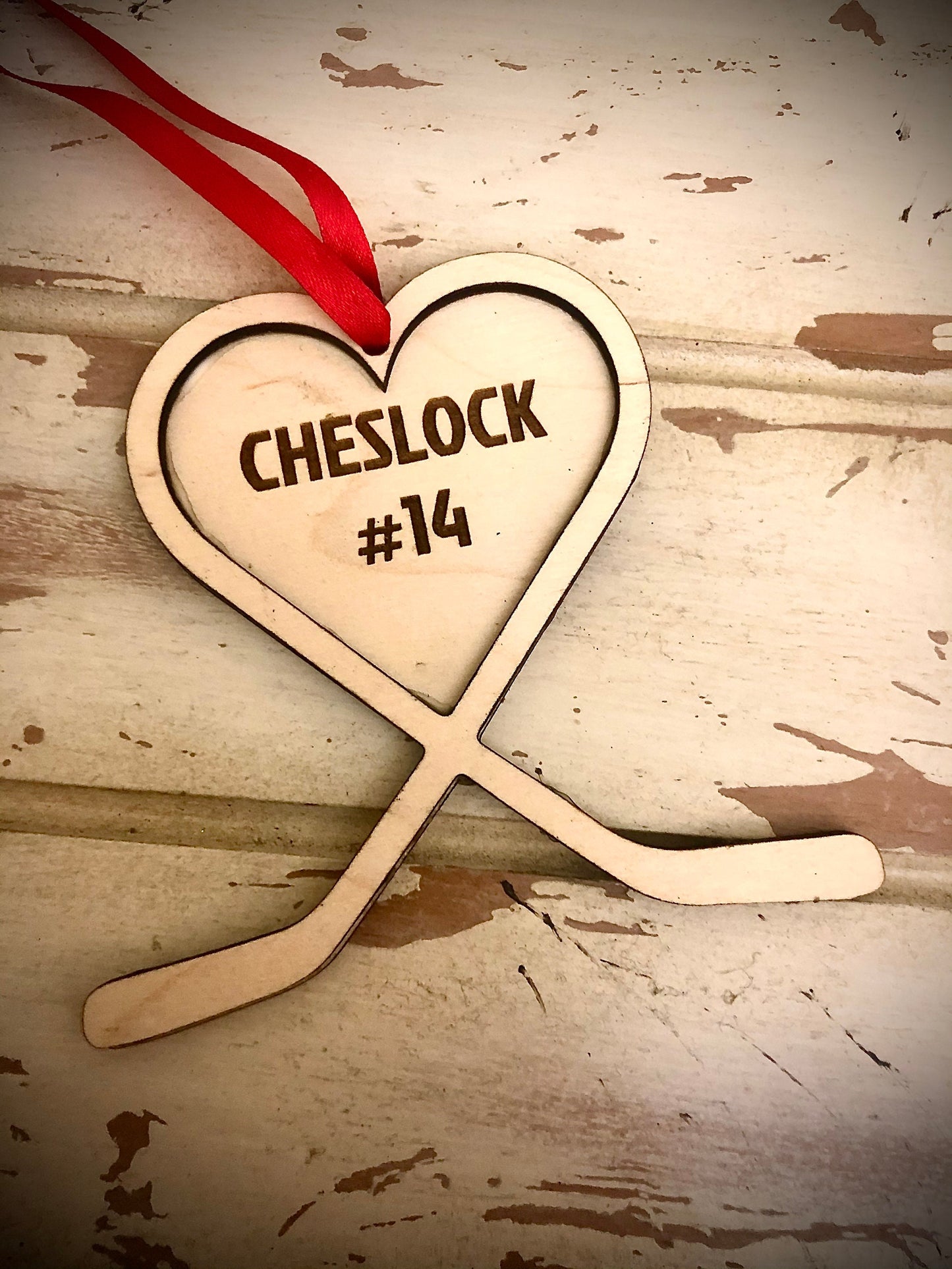 Personalized Hockey Stick Heart Wood Ornament | Engraved | Valentine's Gift