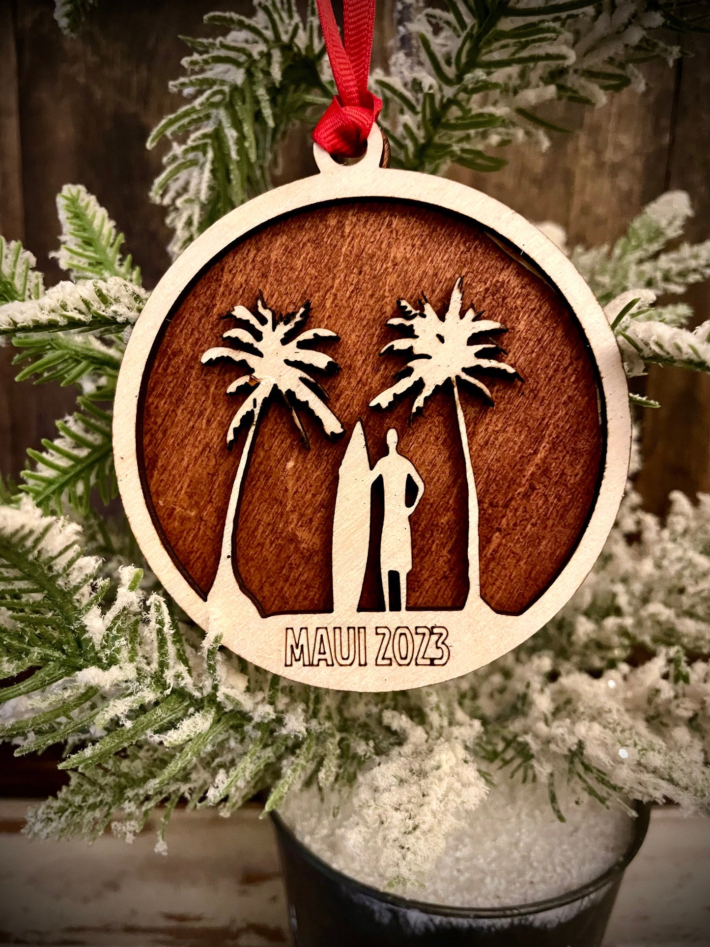 Surfer on Surfboard Personalized 2-Layer Wood Christmas Ornament & Gift Tag | Multiple Finishes | Surfing Gift