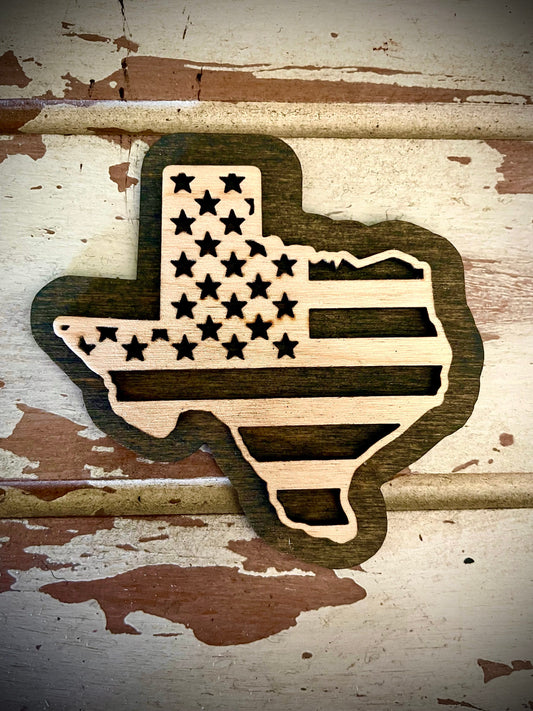 Texas US Flag 2-Layer Wood Refrigerator Magnet | 12 Finishes | Patriotic Gift