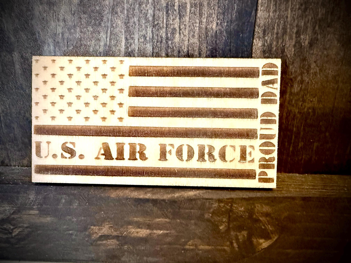 US Air Force Proud Dad Laser Engraved US Flag Wood Refrigerator Magnet | 4" x 2.1" | Military Gift
