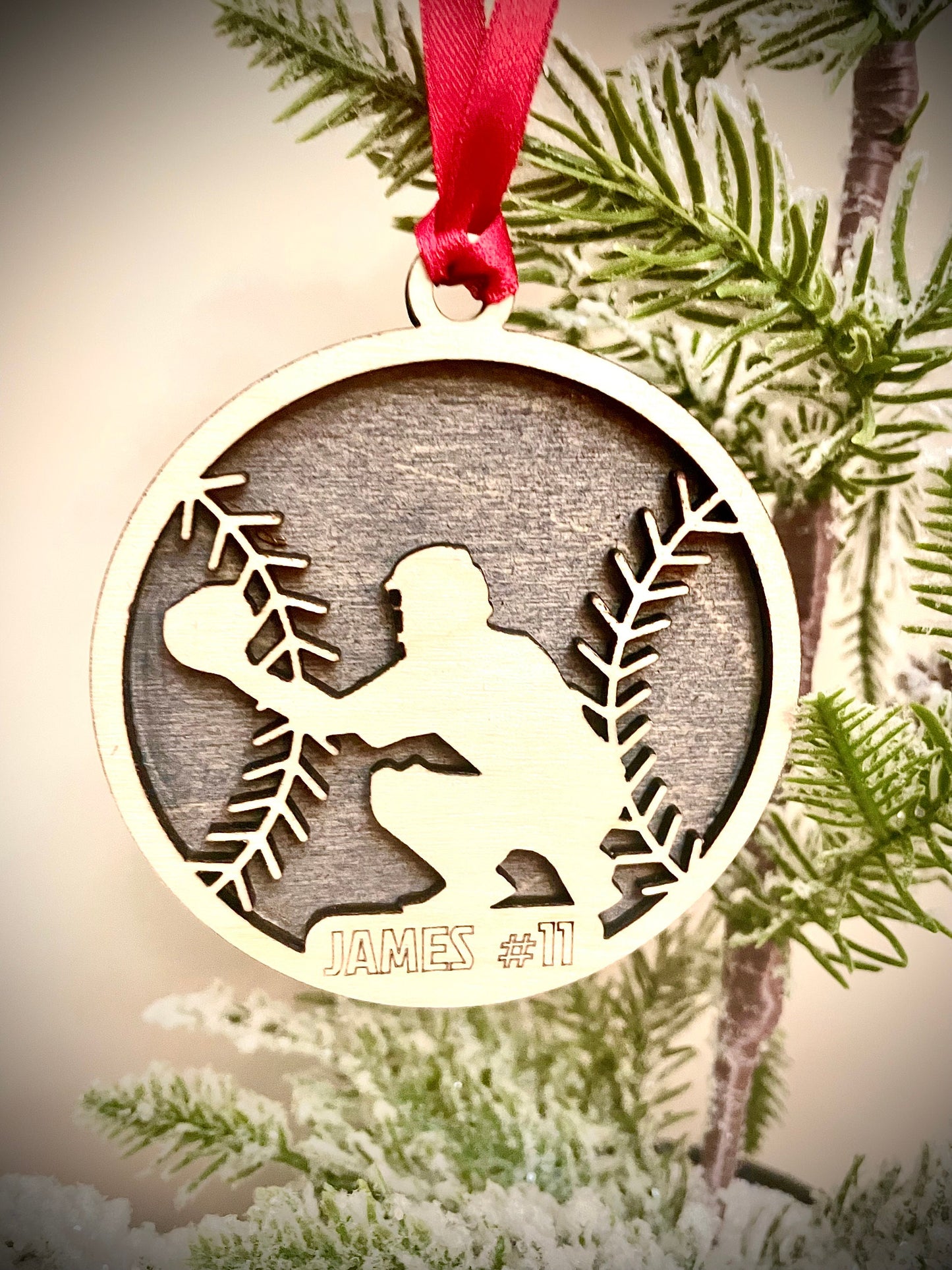 Baseball Player Personalized 2-Layer Wood Christmas Ornament & Gift Tag | Multiple Finishes | Baseball Gift (#4)