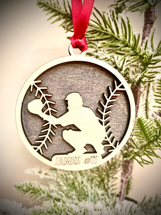 Baseball Player Personalized 2-Layer Wood Christmas Ornament & Gift Tag | Multiple Finishes | Baseball Gift (#4)