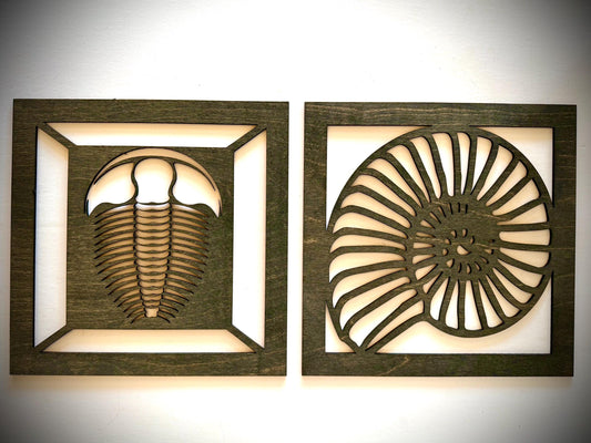 Trilobite & Ammonite Fossil Wood Wall Art | 2-Panel Set | Multiple Sizes & Finishes