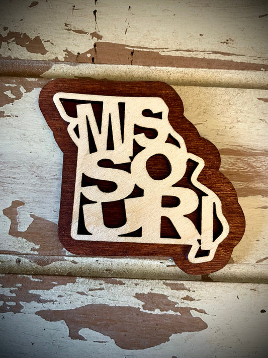 Missouri Word Art 2-Layer Wood Refrigerator Magnet | 12 Finishes | State Pride Gift