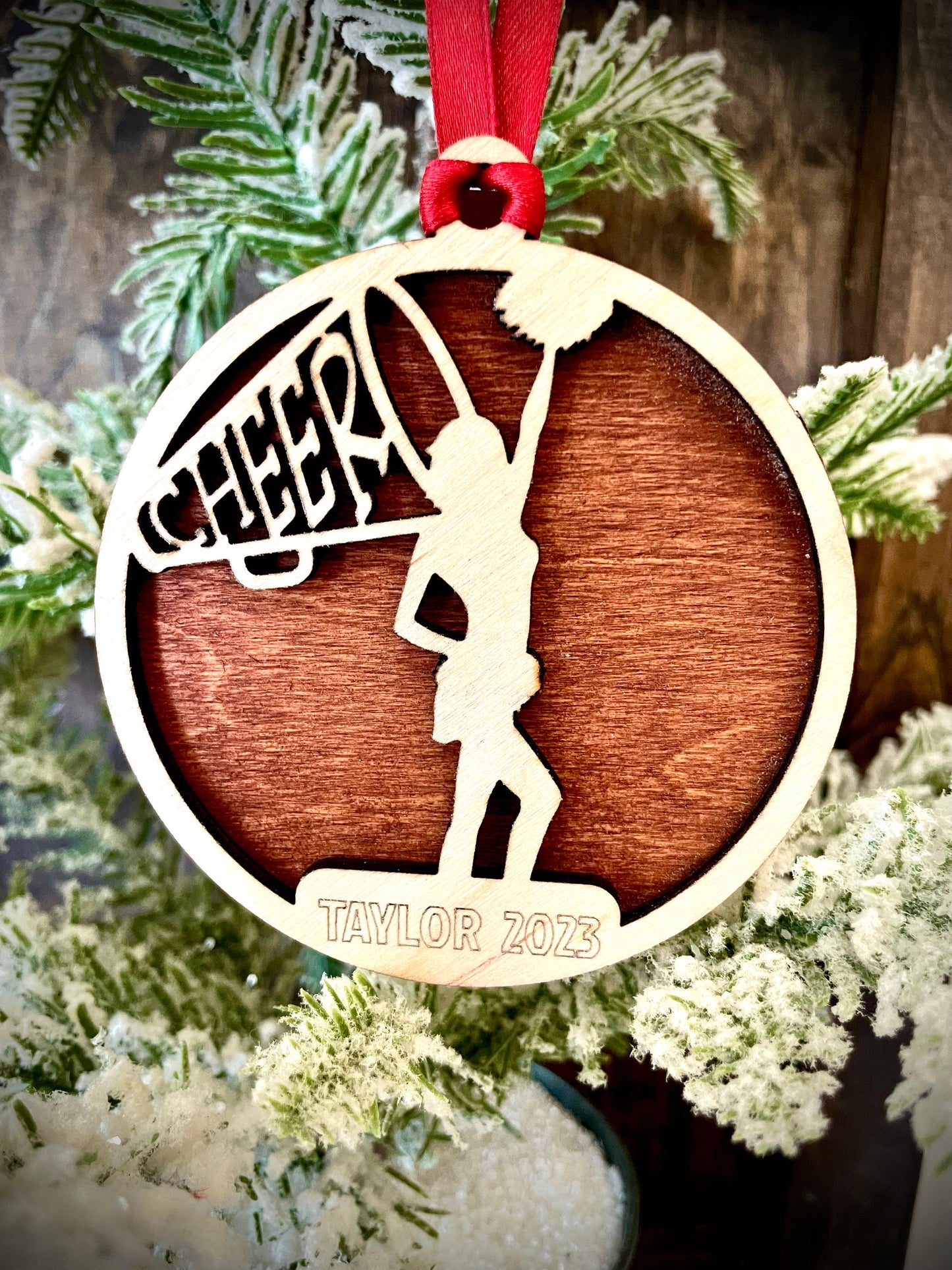 Cheer / Cheerleader 2-layer personalized laser cut wood Christmas ornament, gift tag available unfinished or stained (version 10 of 18)