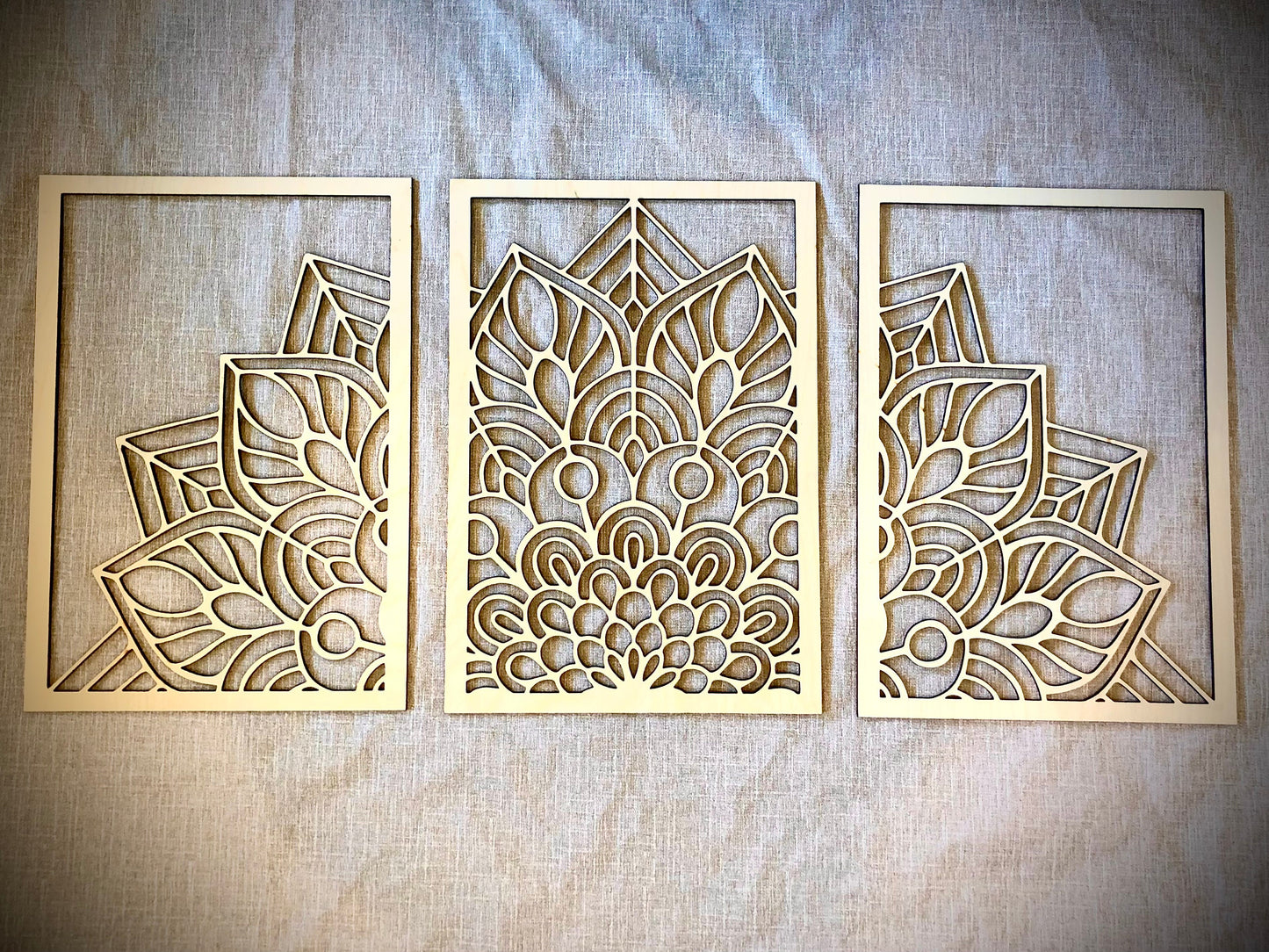 Half Round Flower Mandala Wood Wall Art | 3-Panel Set | Multiple Sizes & Finishes