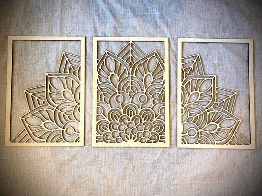 Half Round Flower Mandala Wood Wall Art | 3-Panel Set | Multiple Sizes & Finishes