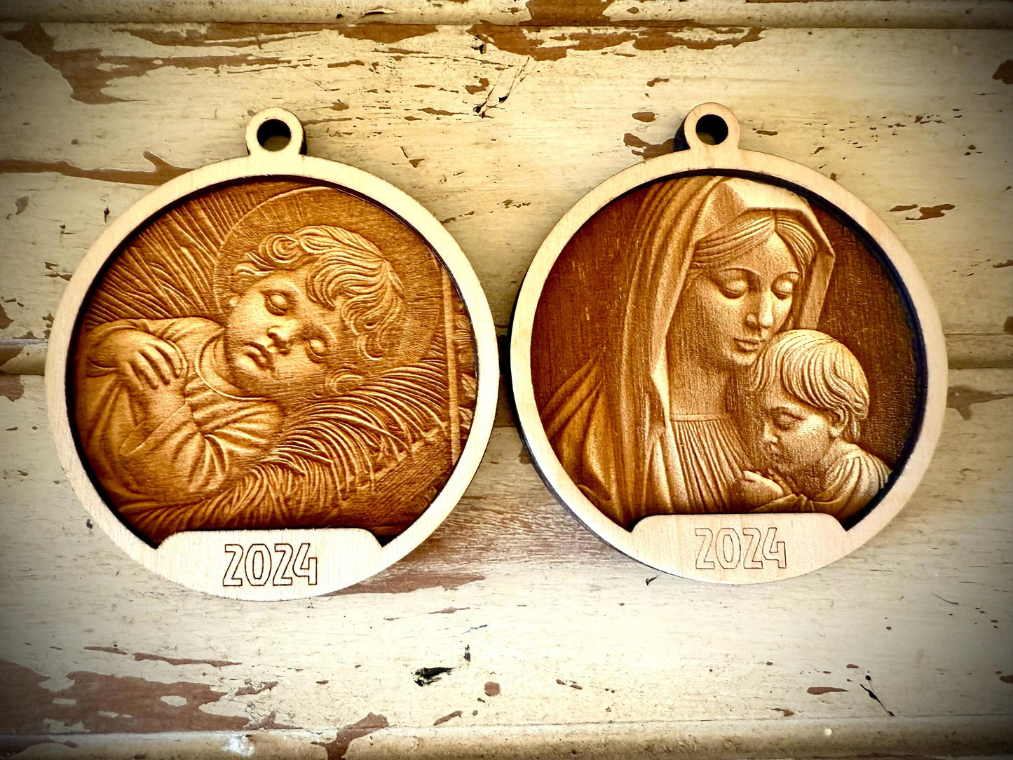 Mary and Baby Jesus 3D Relief Personalized 2-Layer Wood Christmas Ornament & Gift Tag | Religious Gift