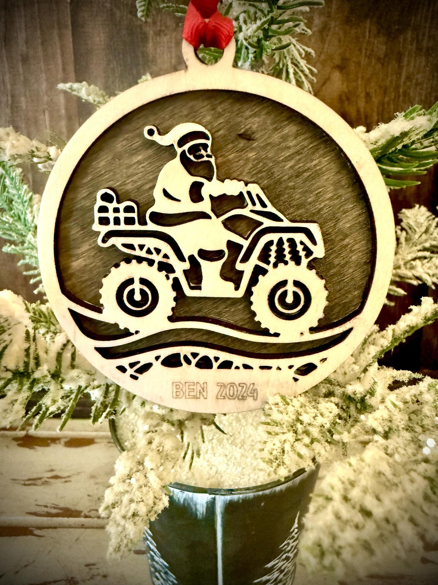 Santa on ATV 4-Wheeler Personalized 2-Layer Wood Christmas Ornament & Gift Tag | Multiple Finishes | Outdoor Gift
