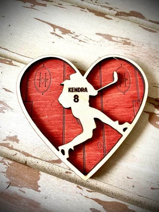 Personalized Female Hockey Player Valentine Heart Magnet | Engraved Rink, Name & Number