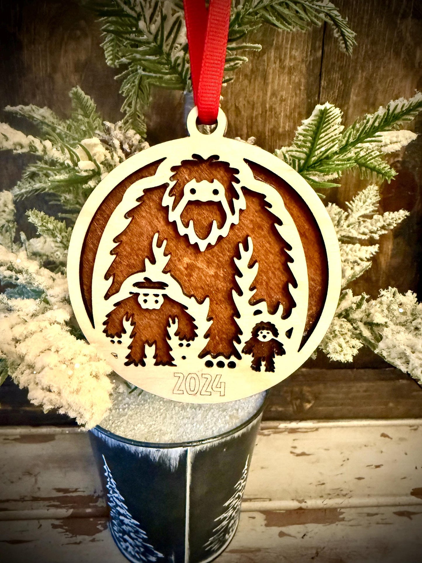 Sasquatch Bigfoot Family of 3 Personalized 2-Layer Wood Christmas Ornament & Gift Tag | Multiple Finishes | Bigfoot Gift