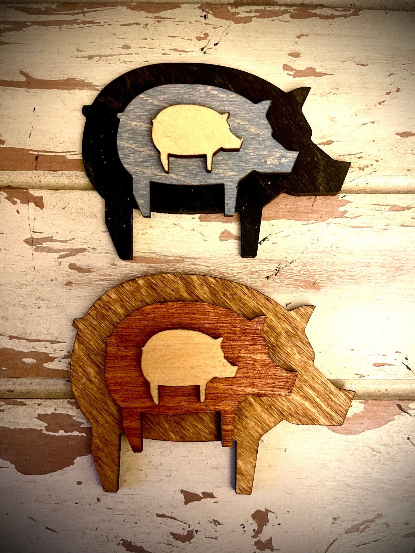 Stacked Pig 3-Layer Wood Refrigerator Magnet | Brown & Gray Tones | Home Decor Gift