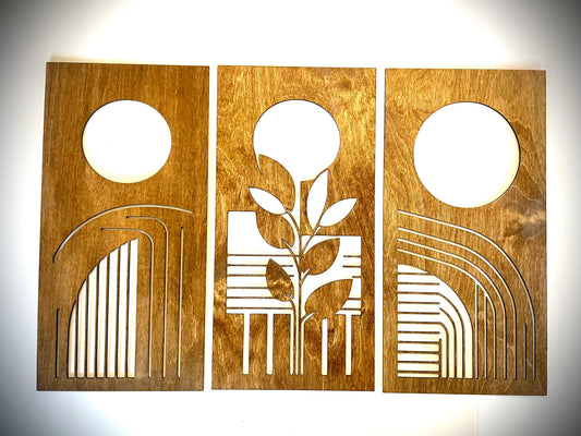 Mid Century Modern Floral Landscape Wood Wall Art | 3-Panel Set | Multiple Sizes & Finishes | Set D