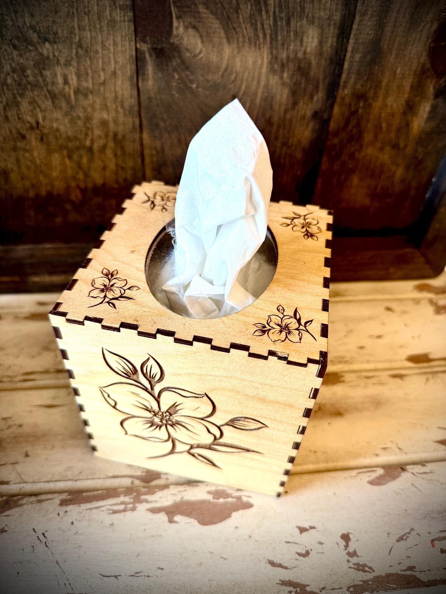 Dogwood Floral Engraved Wood Tissue Box Cover | Square, Oblong & Costco Sizes | 12 Finishes
