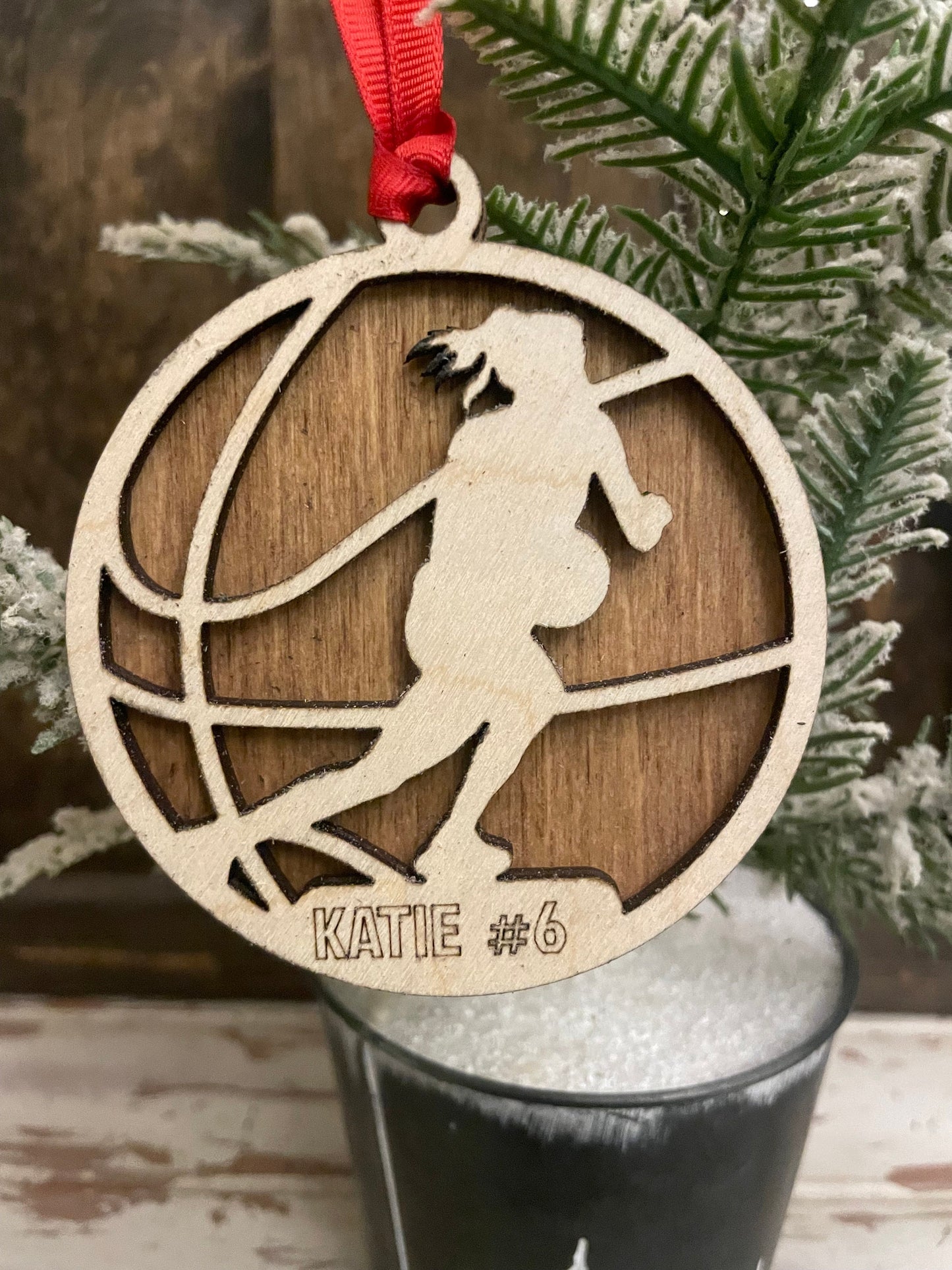 Female Basketball player 2-layer personalized laser cut wood Christmas ornament, gift tag available unfinished or stained version 1