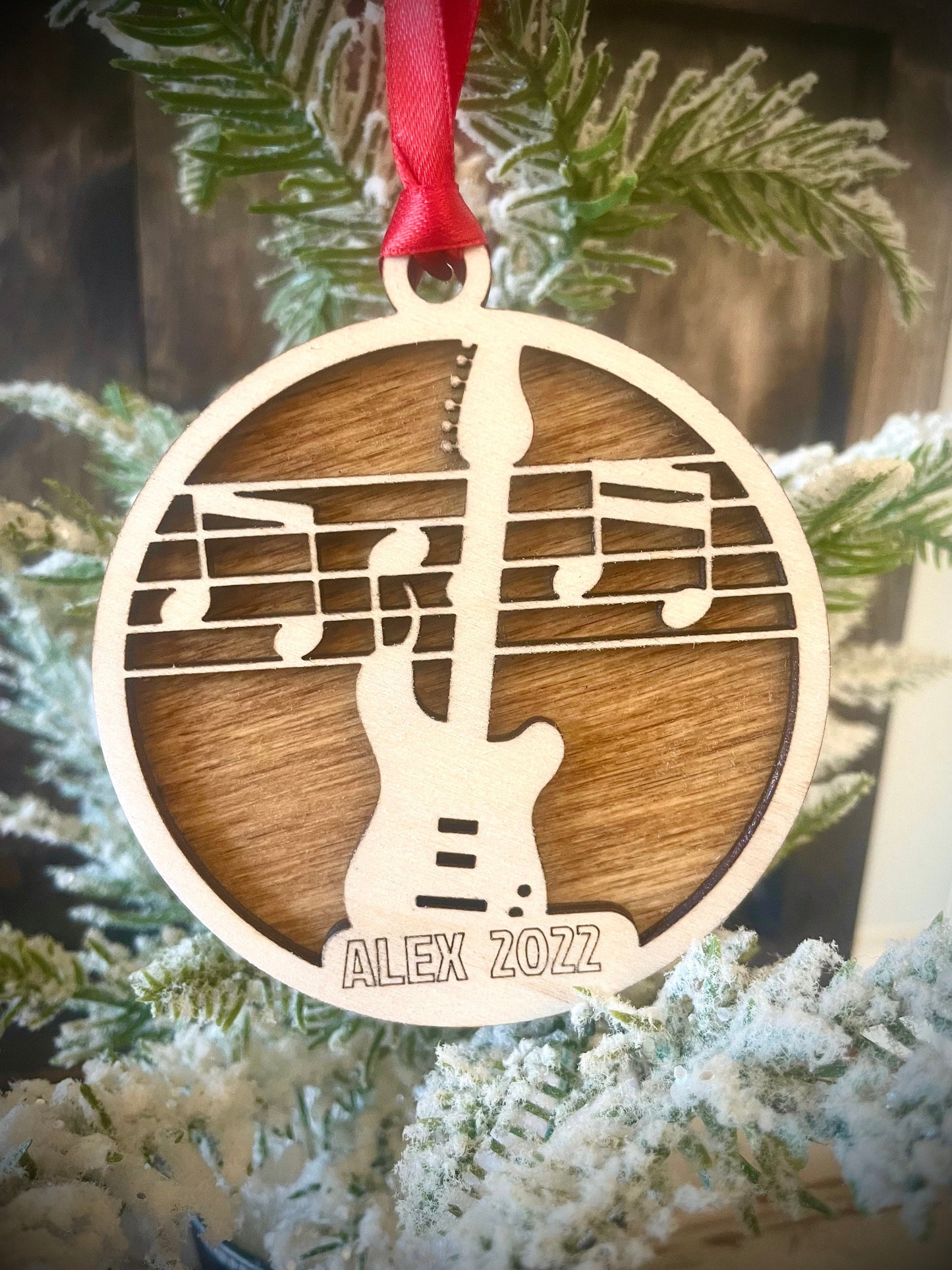 Electric Guitar Personalized 2-Layer Wood Christmas Ornament & Gift Tag | Multiple Finishes | Music Gift