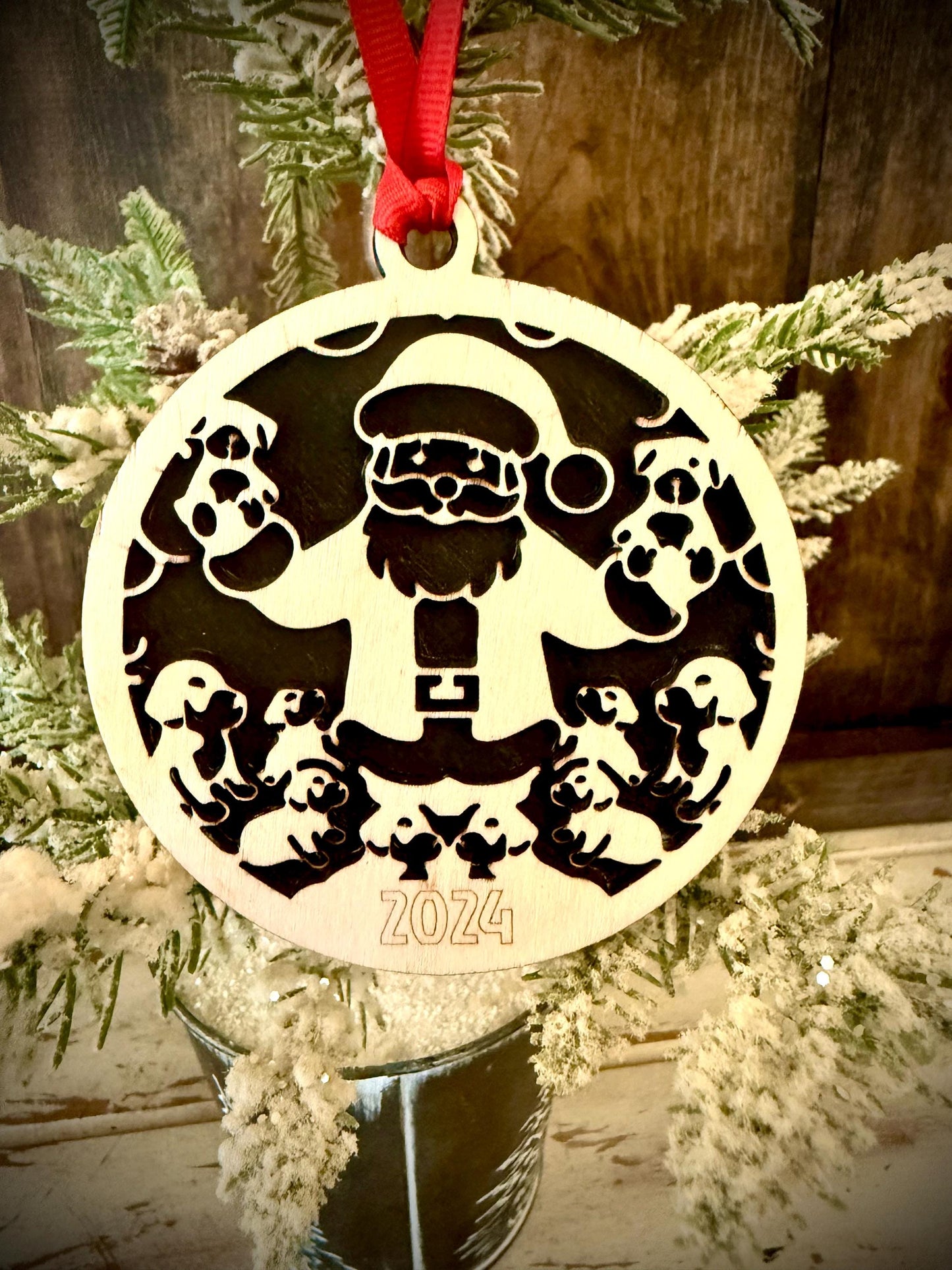 Santa with Puppies Personalized 2-Layer Wood Christmas Ornament & Gift Tag | Multiple Finishes | Dog Lover Gift