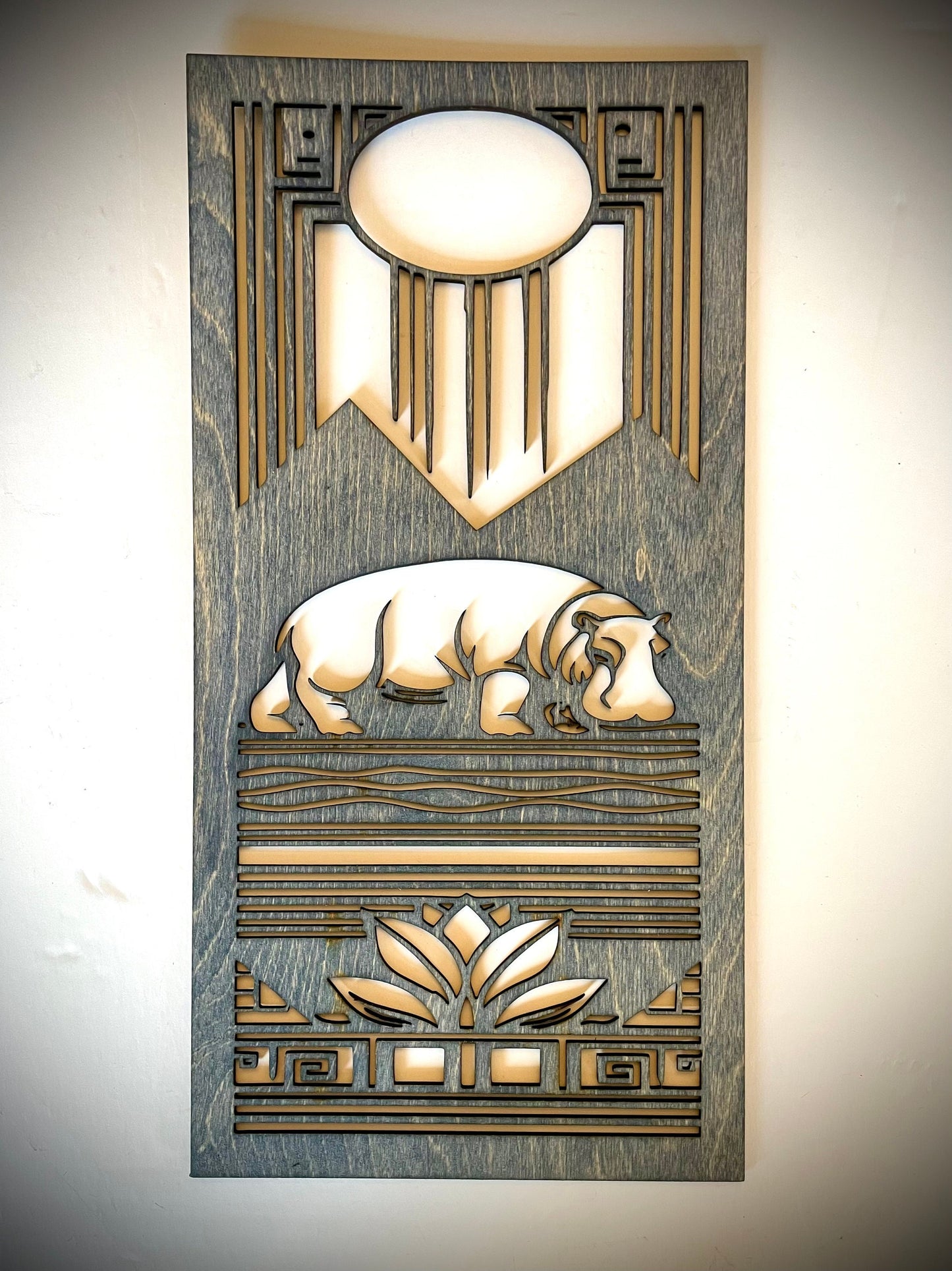 Art Deco Hippopotamus Wood Wall Art | 3-Panel Set | Multiple Sizes & Finishes