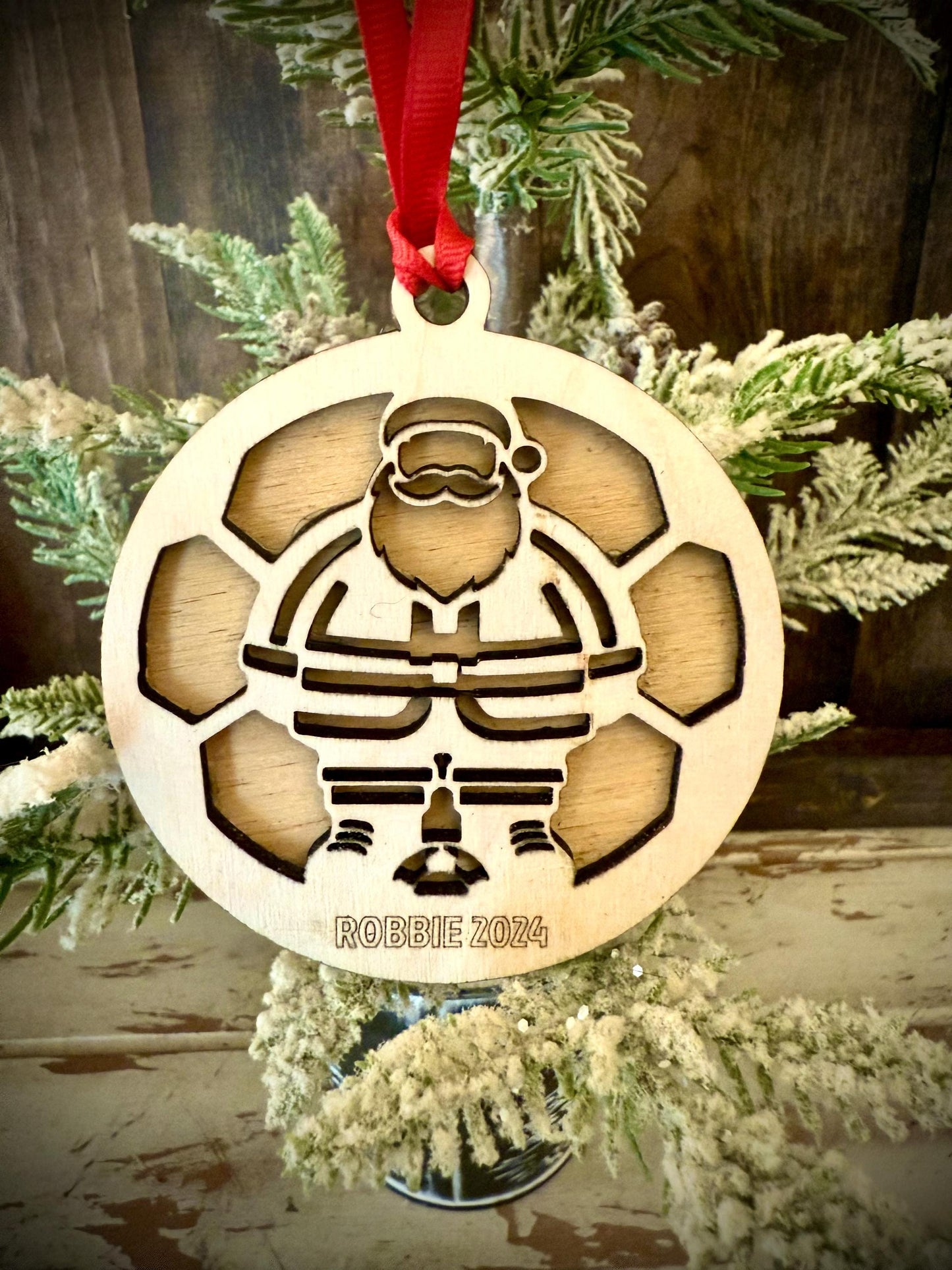Santa Soccer Player Personalized 2-Layer Wood Christmas Ornament & Gift Tag | Multiple Finishes | Soccer Gift