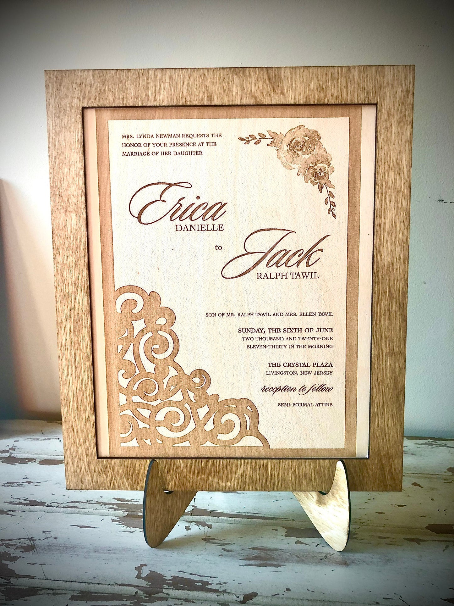 Custom Engraved Wood Wedding Invitation Keepsake | 8x10 Frame & Easel | 5th Anniversary Gift