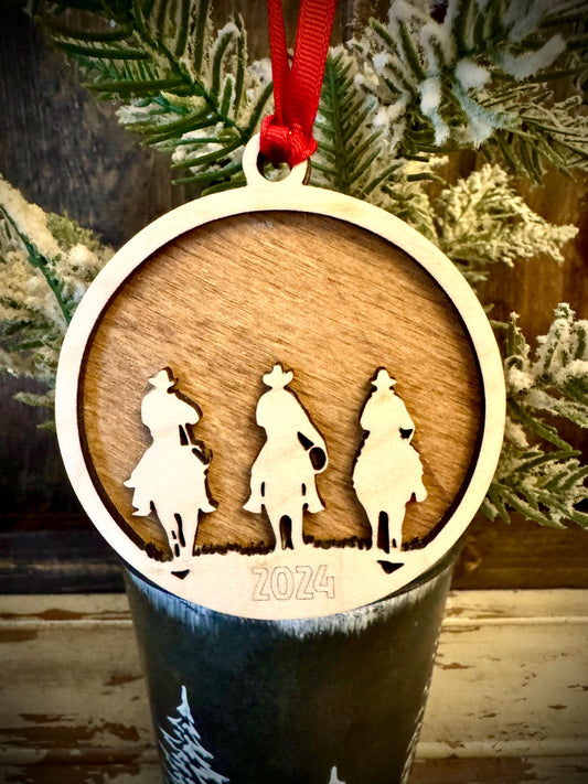 3 Cowboys on Horses Personalized 2-Layer Wood Christmas Ornament & Gift Tag | Multiple Finishes | Western Gift