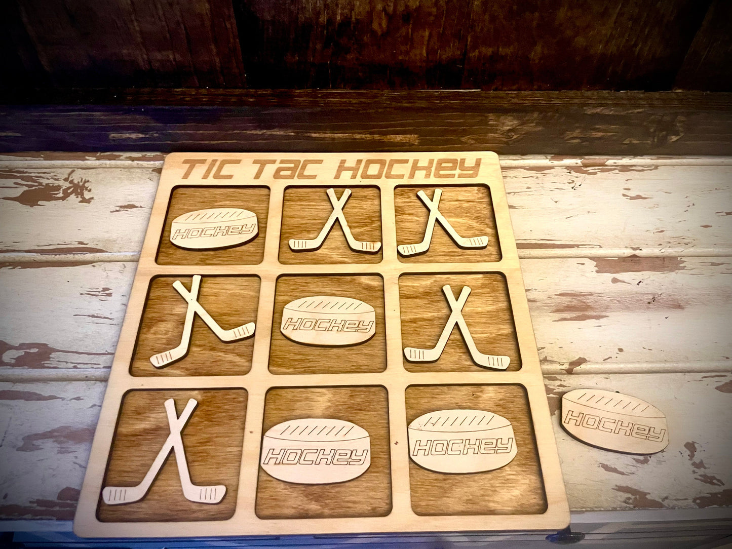 Tic Tac Hockey Wood Game | Laser Engraved | 12 Finishes | Hockey Gift