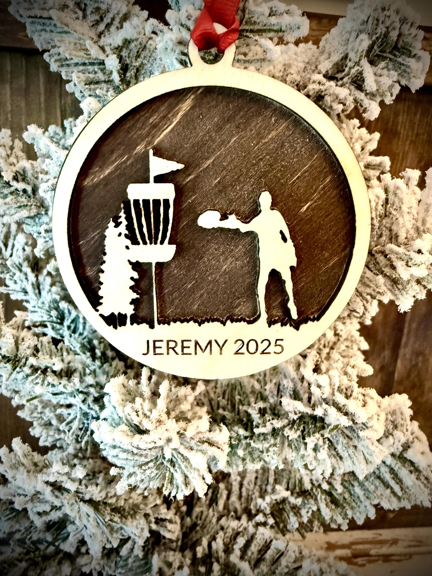 Disc Golf Player Personalized 2-Layer Wood Christmas Ornament & Gift Tag | Multiple Finishes | Disc Golf Gift
