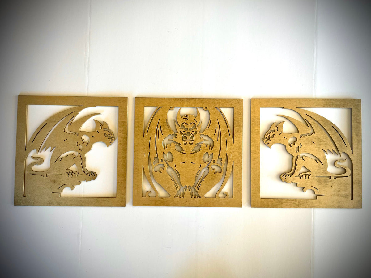 Gothic Style Gargoyle wood wall art 3-panel set, front view in Unstained finish