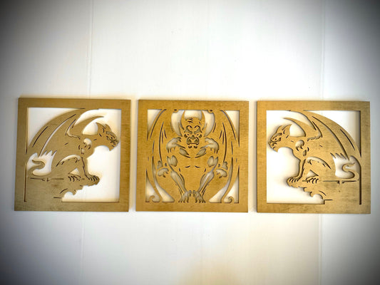 Gothic Style Gargoyle wood wall art 3-panel set, front view in Unstained finish