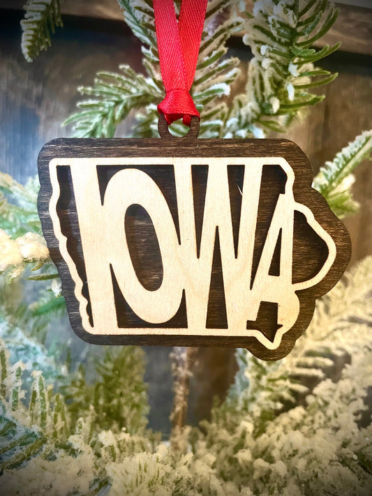 Iowa Word Art Wood Ornament & Gift Tag | 12 Finishes | State Pride Gift