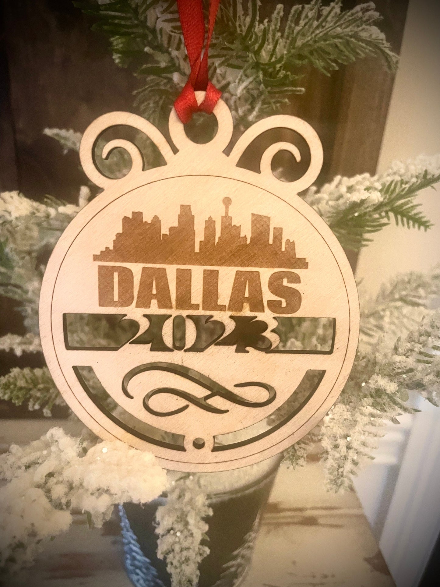 Dallas Skyline Wood Ornament | Choice of Year | 4" x 4.75" | Travel Souvenir Gift