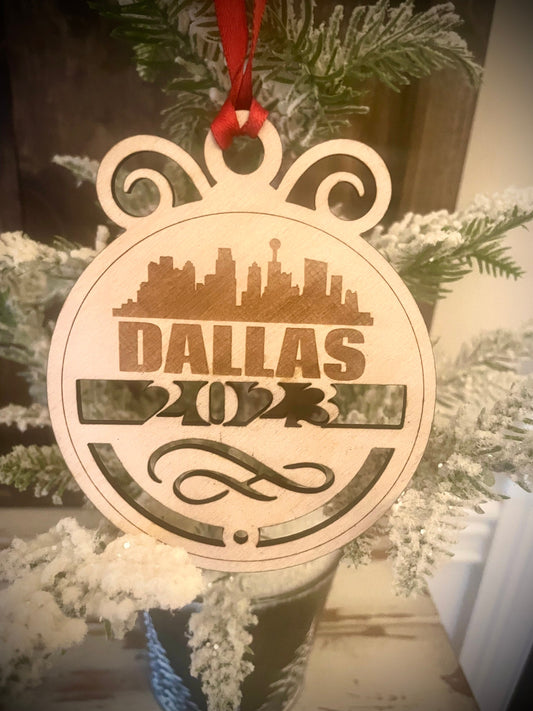 Dallas Skyline Wood Ornament | Choice of Year | 4" x 4.75" | Travel Souvenir Gift