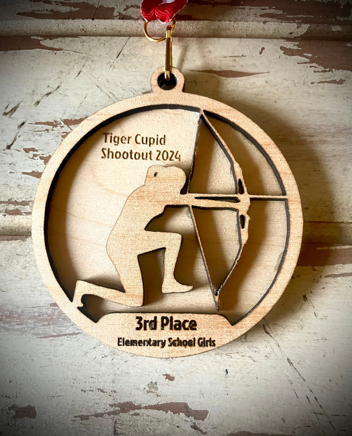 Male & Female Archery Competition Wood Medals | Red, White & Blue Ribbon | Custom Engraving