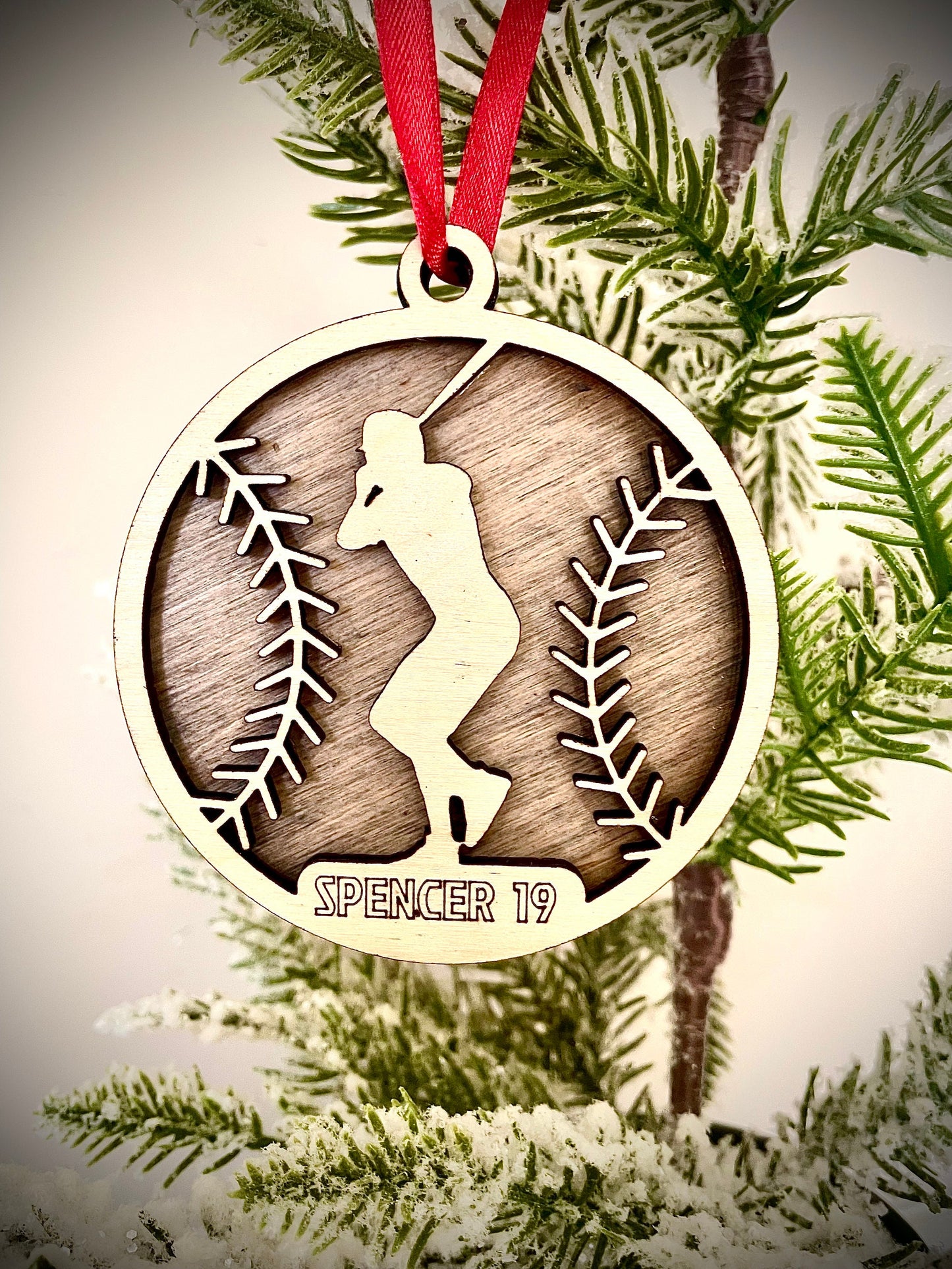 Baseball player 2-layer personalized laser cut wood Christmas ornament, gift tag available unfinished or stained (version 1 of 6)