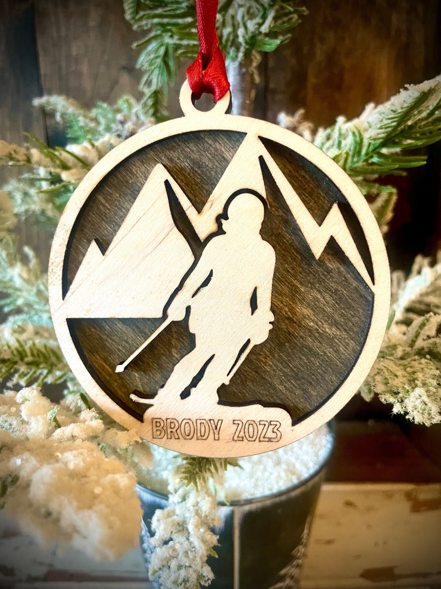 Skiing Ski Skier 2-layer personalized laser cut wood Christmas ornament, gift tag available unfinished or stained #3 of 5