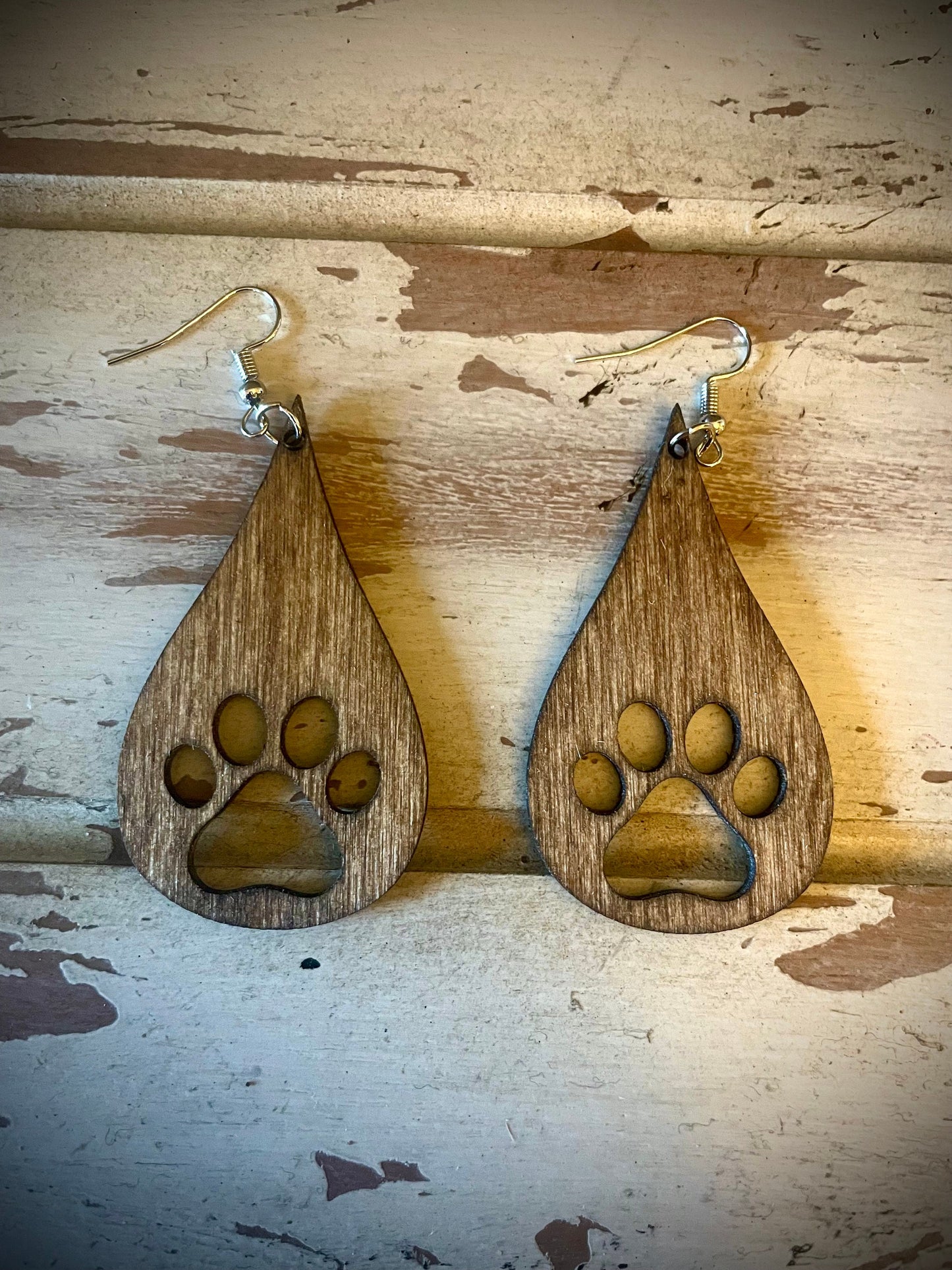 Dog Paw Teardrop Wood Dangle Earrings | Cut Out or Engraved | 3 Sizes, 12 Finishes