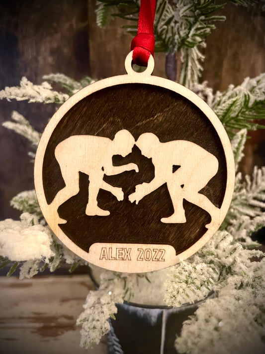 Wrestler Personalized 2-Layer Wood Christmas Ornament & Gift Tag | Multiple Finishes | Wrestling Gift (#6)