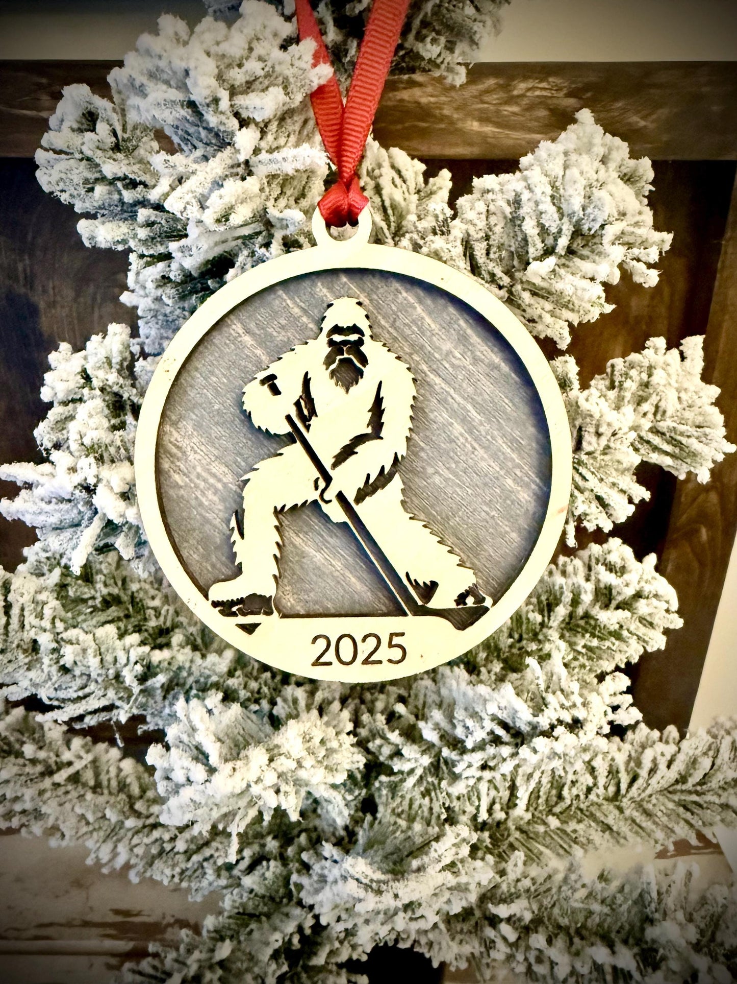 Bigfoot Playing Hockey Personalized 2-Layer Wood Christmas Ornament & Gift Tag | Multiple Finishes | Funny Gift