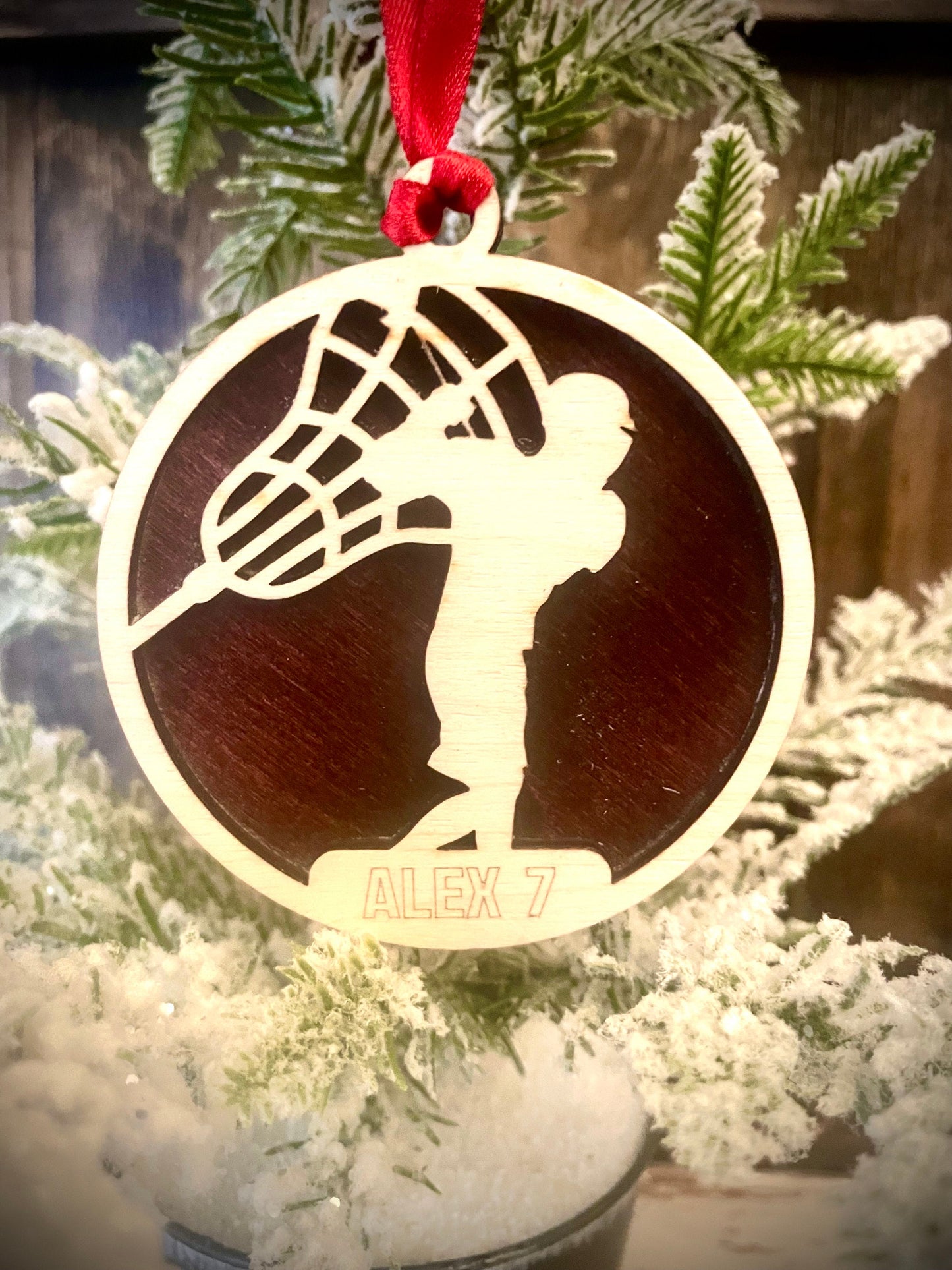 Lacrosse Player Personalized 2-Layer Wood Christmas Ornament & Gift Tag | Multiple Finishes | Lacrosse Gift (#8)