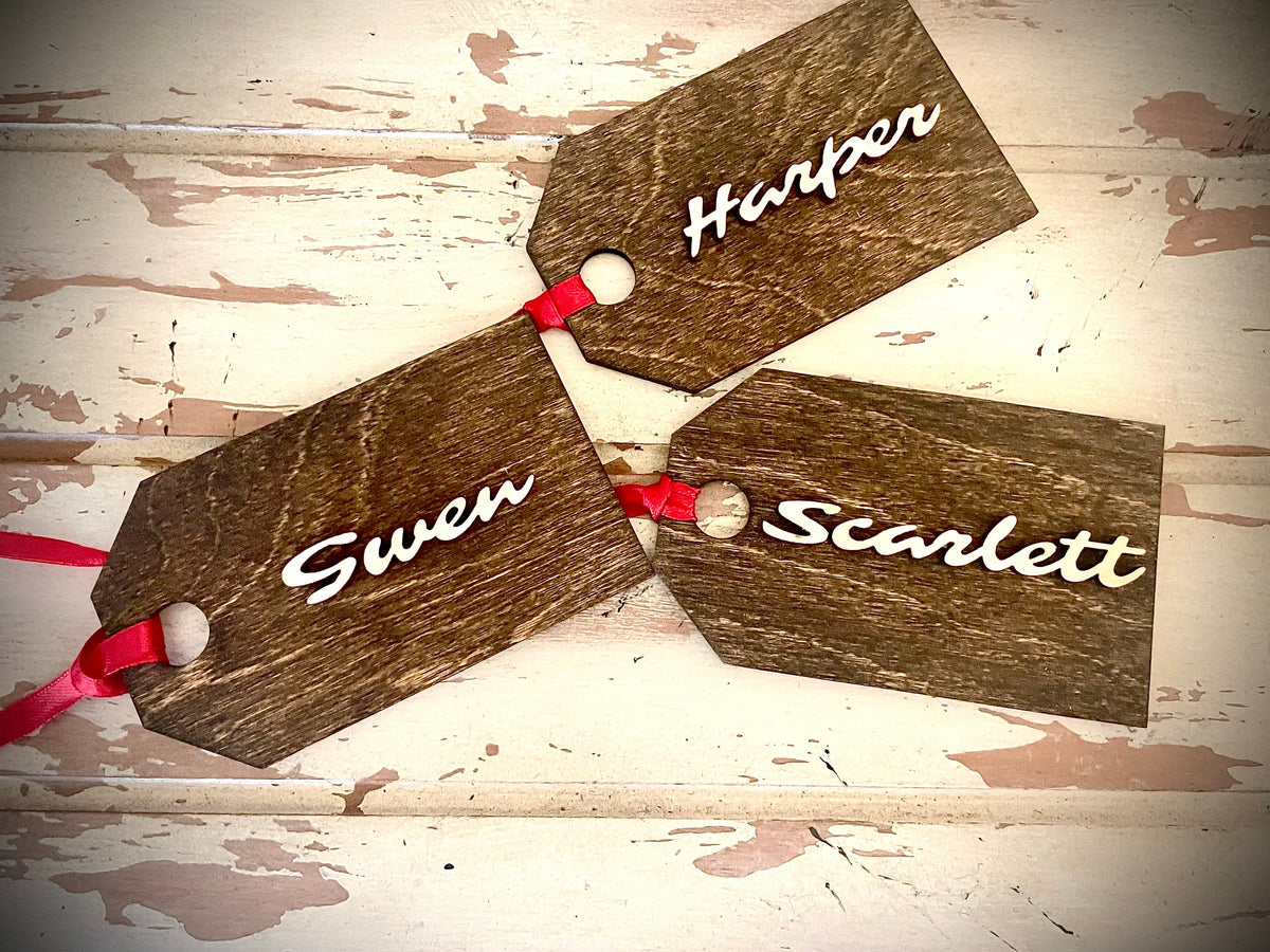 Personalized Laser Cut Wood Stocking Tag & Gift Tag Ornament | Name & Ribbon | 12 Finishes