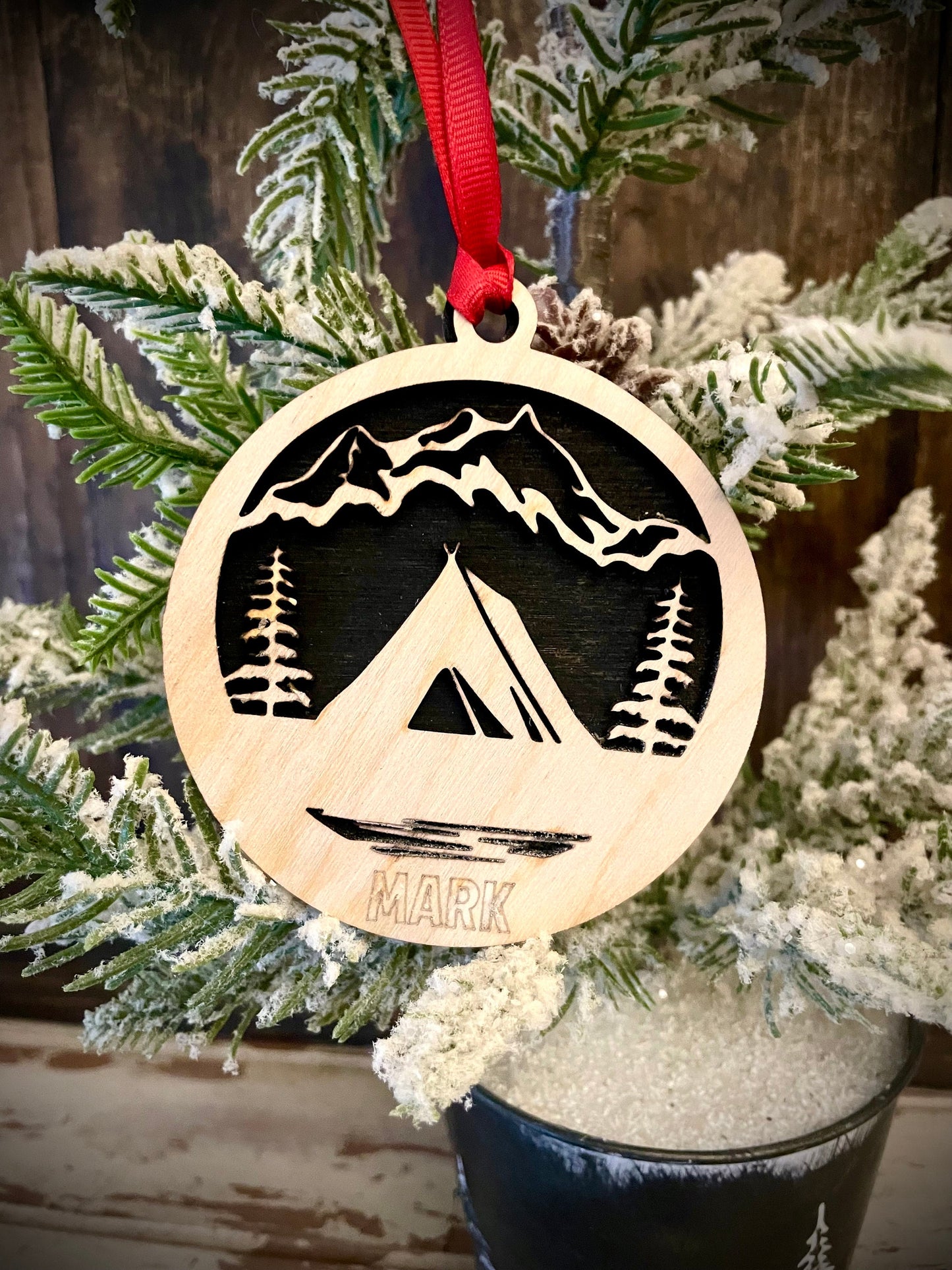 Tent camping with lake and mountains 2-layer personalized laser cut wood Christmas ornament, gift tag available unfinished or stained
