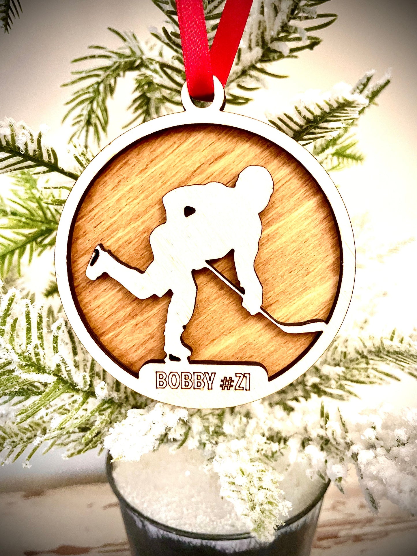 Hockey Player Skater Personalized 2-Layer Wood Christmas Ornament & Gift Tag | Multiple Finishes | Hockey Gift (#7)